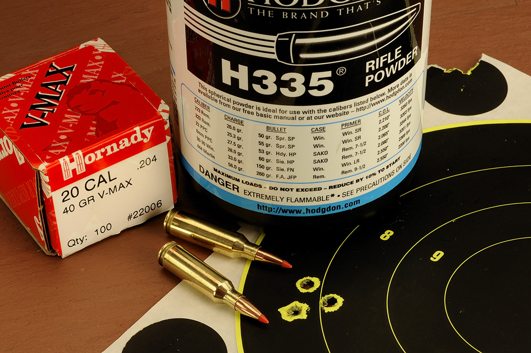 One of the best loads time again and again, is the combination of 20.5 grains of Hodgdon’s H-335 powder, benchrest primers and Hornady’s 40-grain V-MAX bullet. Groups will tend to hover around a half-inch or smaller at 100 yards, with a mean velocity of around 3,320 fps.